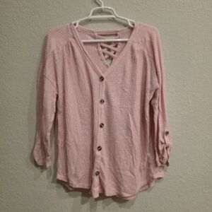 No Boundaries Pink Button-Down V-Neck Top with Lattice Back